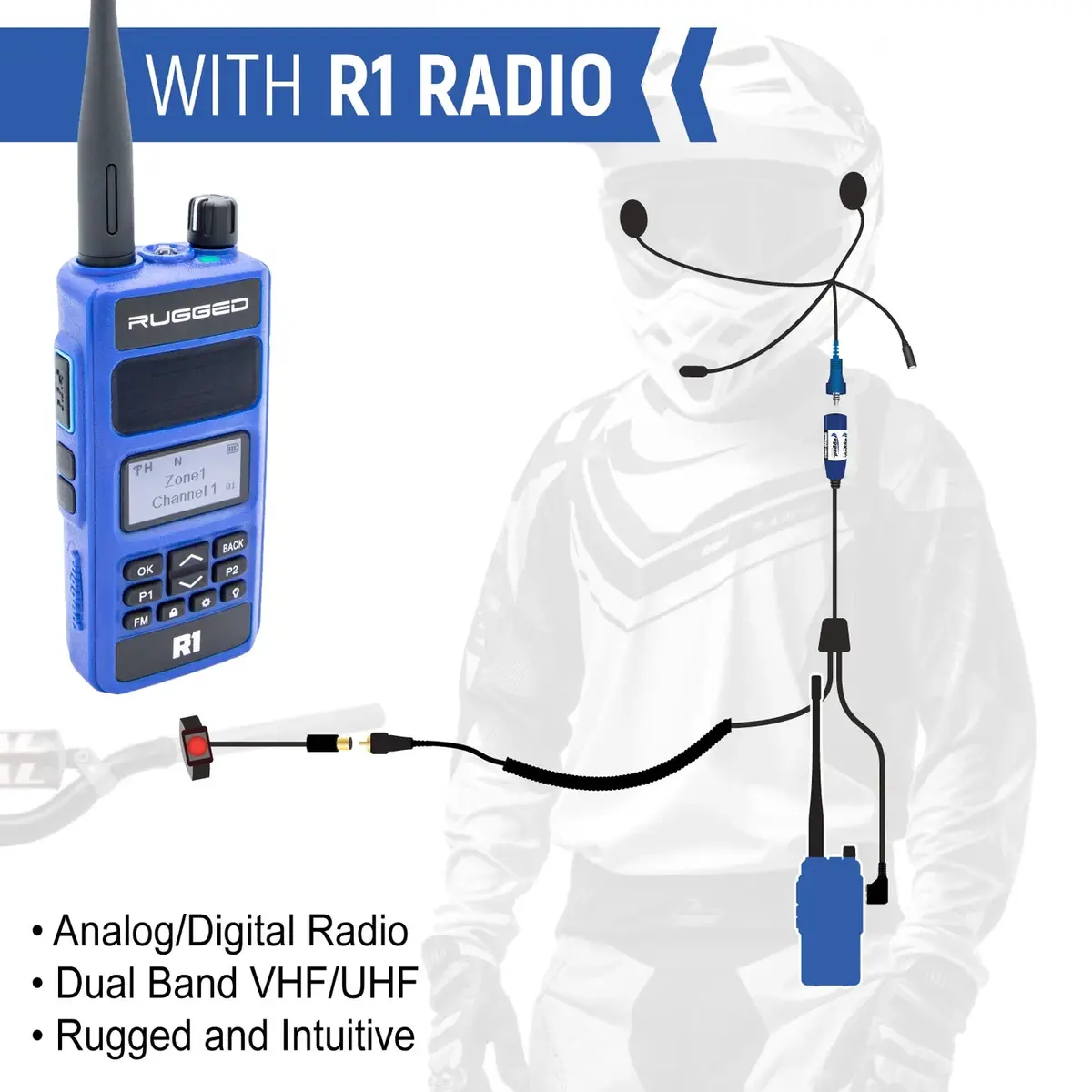 Moto Max Kit With R1 Digital Radio - Helmet Kit, Harness, And Handlebar Push-To-Talk By Rugged Radios 1